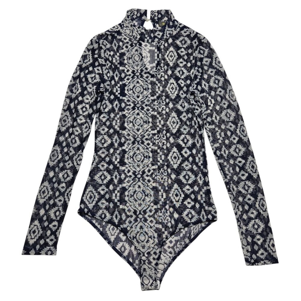 Brat Star Bodysuit Womens XS Blue Aztec Sheer Mesh Long Sleeve Mock Neck Keyhole